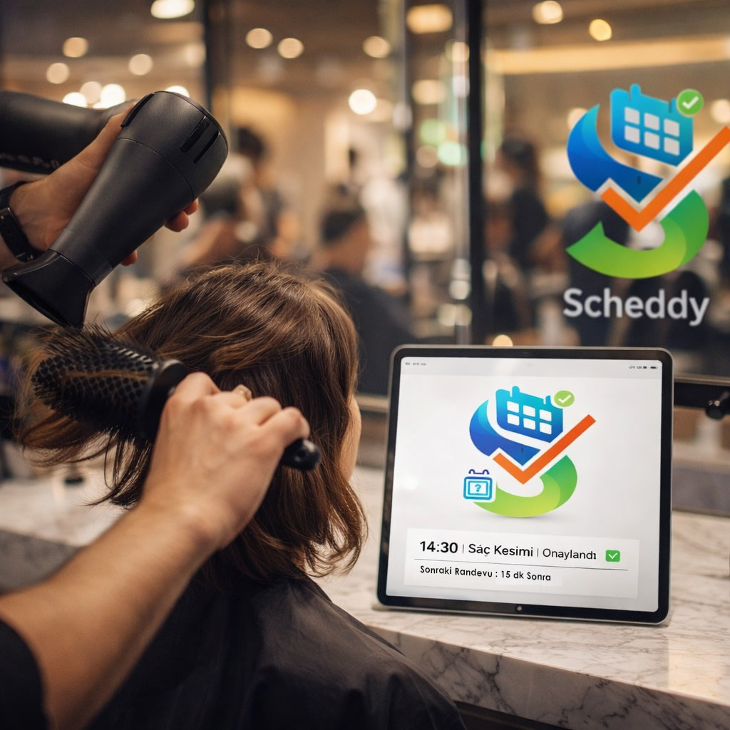 Scheddy randevu takvimi – kuaförde saç kesimi randevusu onaylandı, 14:30 bildirimi
